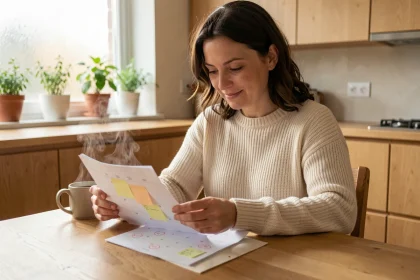 Femme organisant ses vacances avec les jours fériés sur un calendrier imprimé dans une cuisine chaleureuse en Moselle