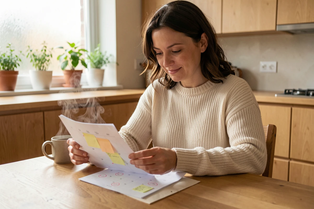 Femme organisant ses vacances avec les jours fériés sur un calendrier imprimé dans une cuisine chaleureuse en Moselle