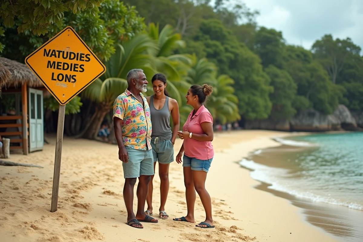 Vendeur local informant des touristes près d'un panneau d'avertissement sur les algues dans une plage de Guadeloupe