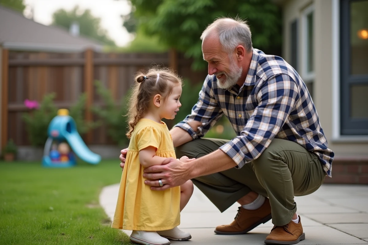 Père réconforte sa fille dans le jardin en plein air