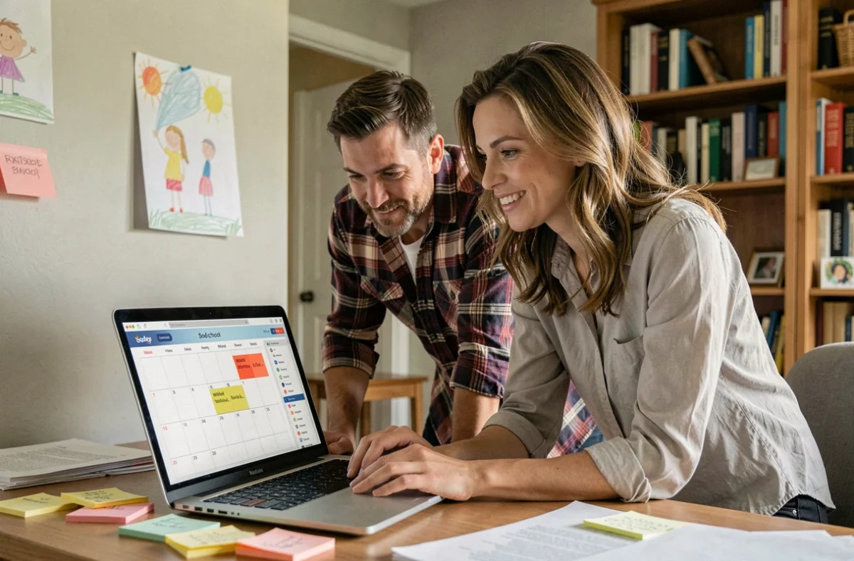 Couple de parents planifiant ensemble les vacances scolaires sur semaines paires devant un ordinateur portable avec calendrier scolaire affiché