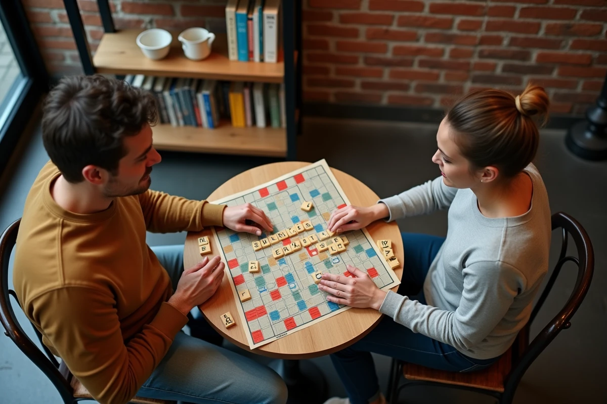 Deux joueurs adultes en partie de Scrabble dans un café avec focus sur la case mot compte triple