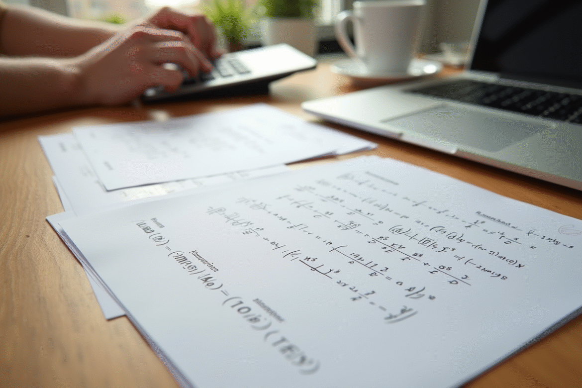Personne utilisant une calculatrice sur un bureau lumineux avec papiers et café