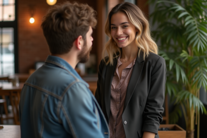 Personne nonbinaire souriante dans un café chaleureux