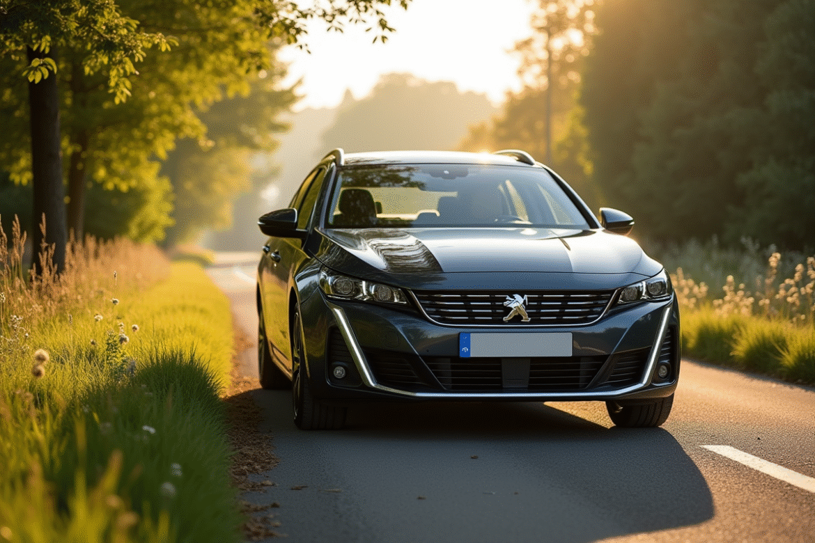 Peugeot 508 SW en campagne en journée ensoleillée