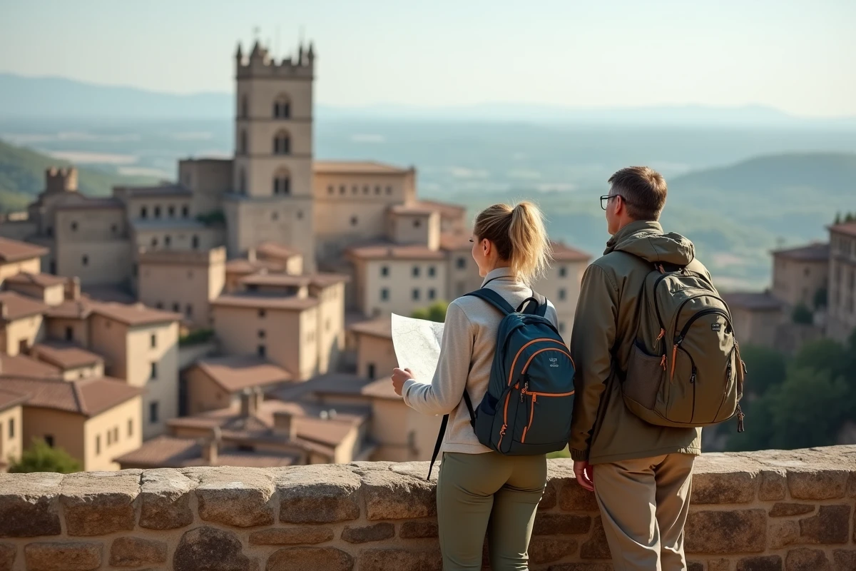 Randonneurs observant le panorama sur le village médiéval d'Éauze depuis un point de vue en pierre