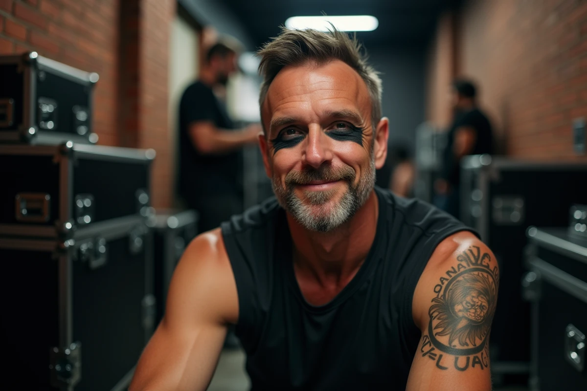 Portrait de musicien rock backstage avec look grunge, tatouage et ambiance coulisses de concert années 90