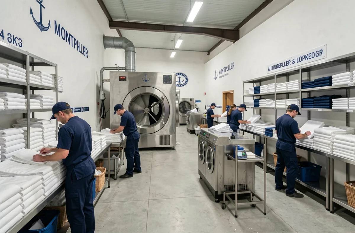 Personnel de Poseidon à Montpellier travaillant dans une blanchisserie professionnelle aux accents nautiques