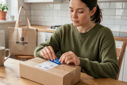 Femme collant une étiquette GLS sur un colis cartonné à table, préparant un envoi sécurisé pour Vinted ou Leboncoin