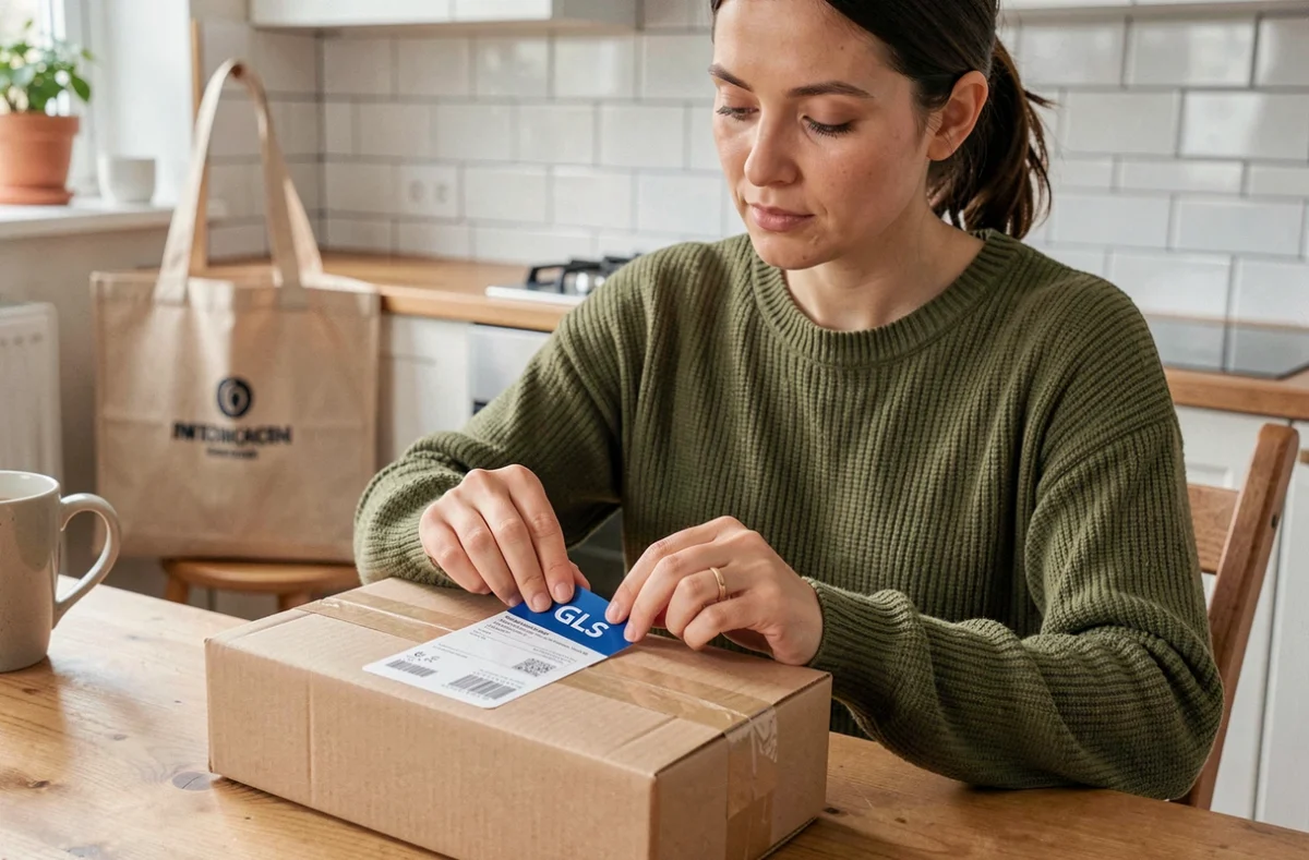 Femme collant une étiquette GLS sur un colis cartonné à table, préparant un envoi sécurisé pour Vinted ou Leboncoin
