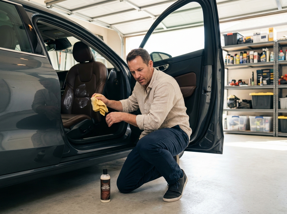 Homme appliquant un produit conditionneur sur siège en cuir de voiture avant un long voyage