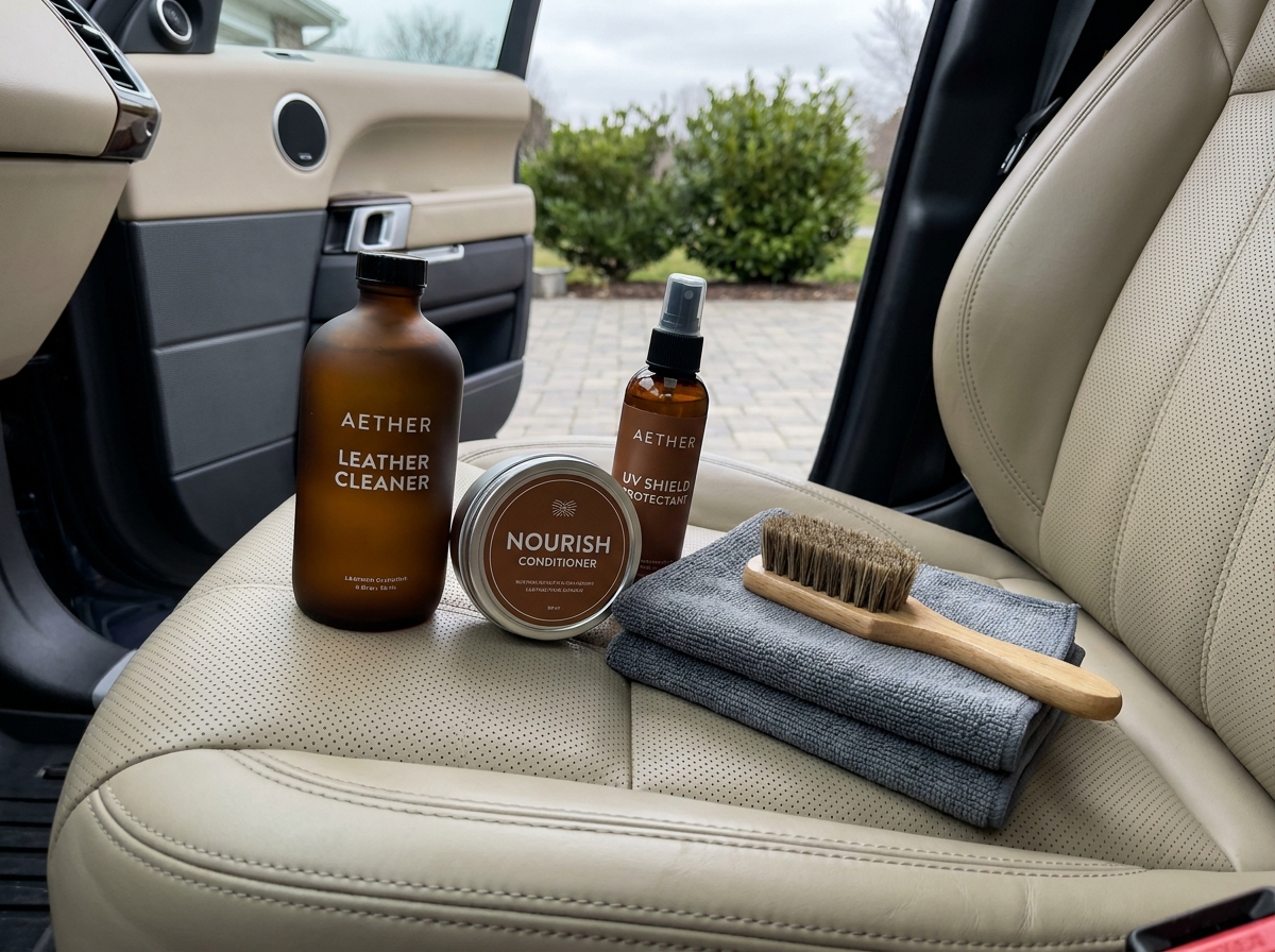 Produits d'entretien pour sièges en cuir de voiture disposés sur un siège avant de SUV