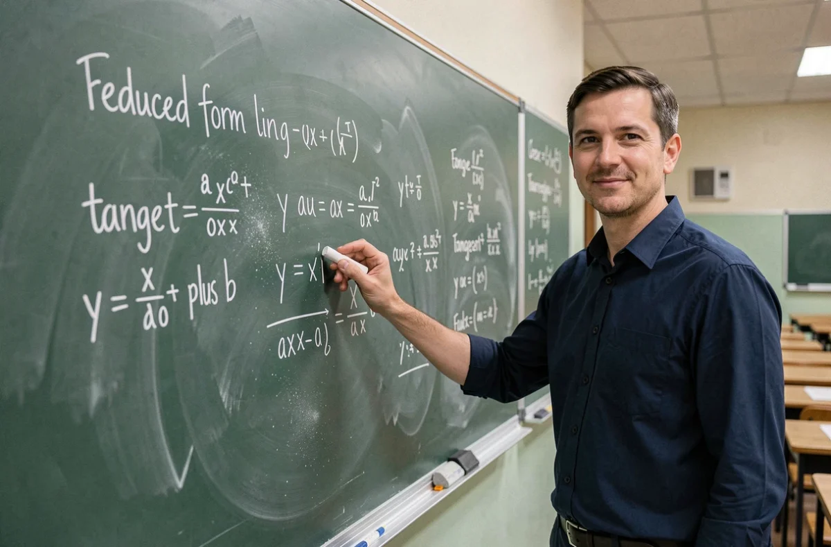 Professeur de mathématiques expliquant l'équation réduite d'une tangente au tableau noir dans une salle de classe