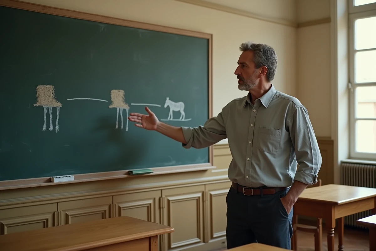 Professeur de philosophie expliquant le paradoxe de l'âne de Buridan au tableau devant une classe de lycée pour les révisions du baccalauréat