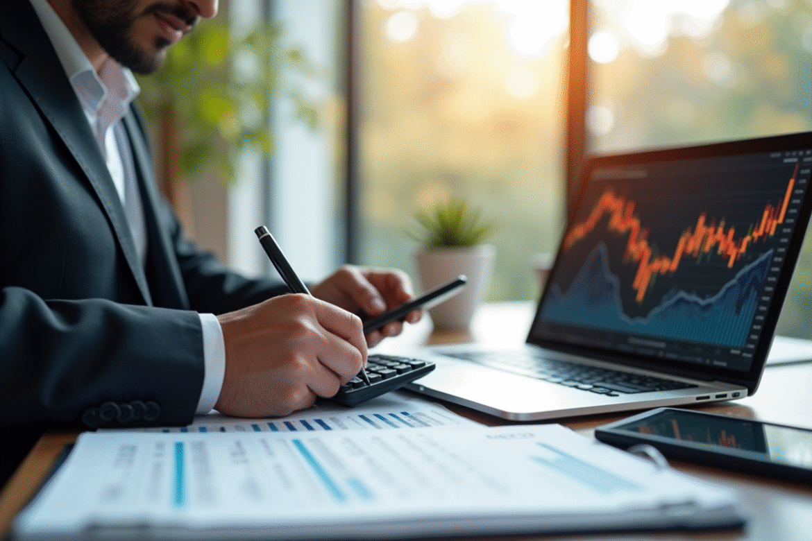 Professionnel financier utilisant une calculatrice au bureau