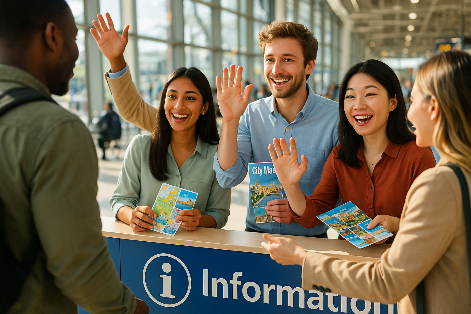 Professionnels accueillant voyageurs à un comptoir d