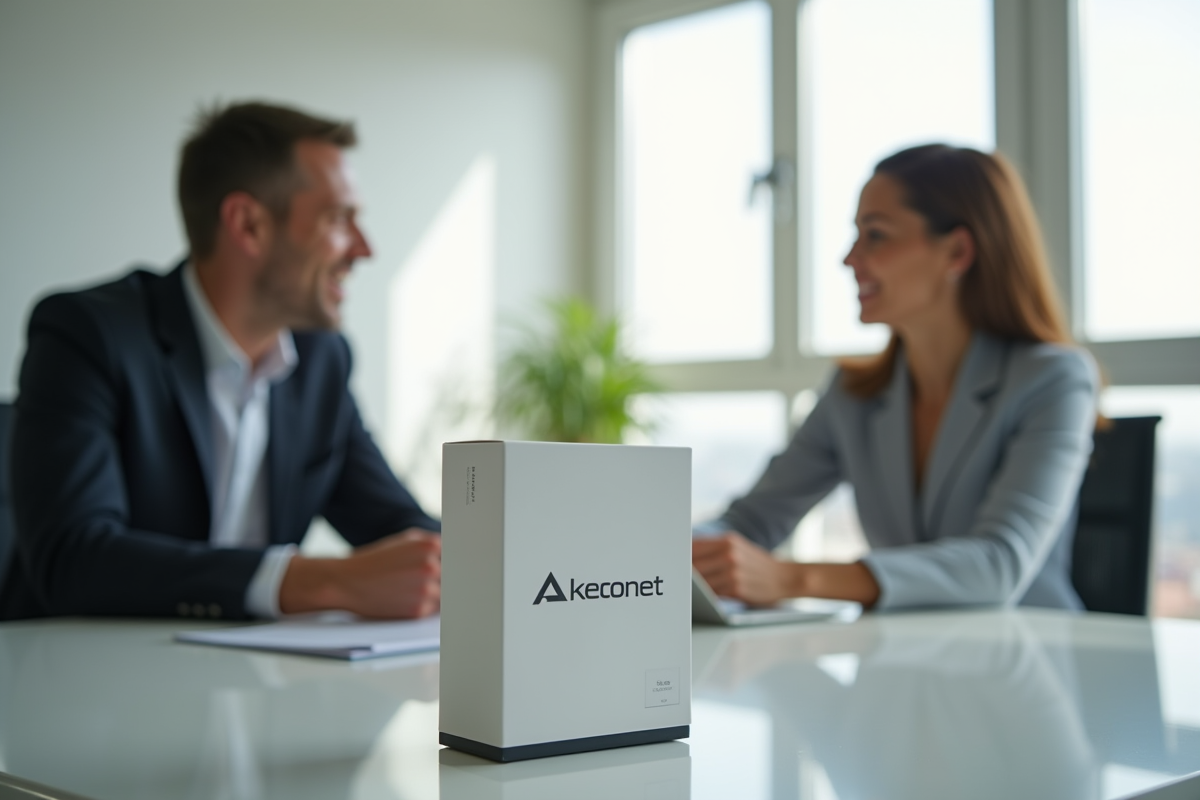 Deux professionnels discutant avec produit Akeonet sur bureau