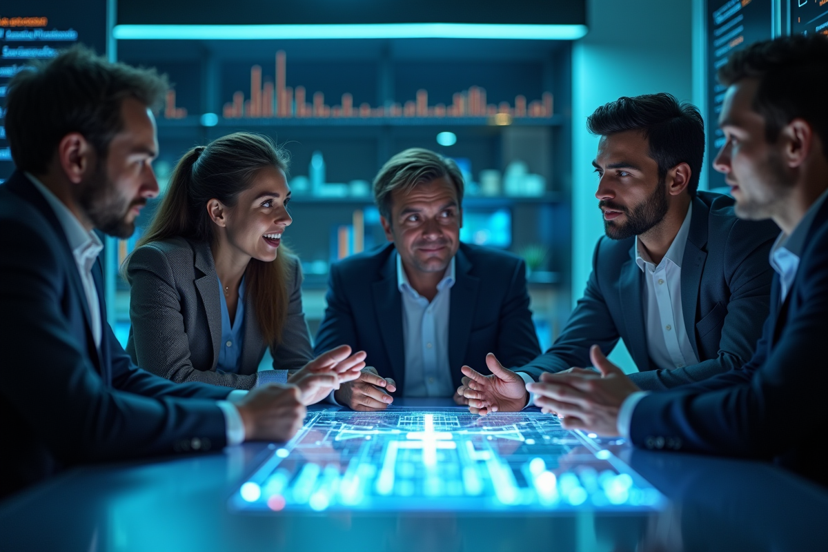 Groupe de professionnels analysant une projection blockchain