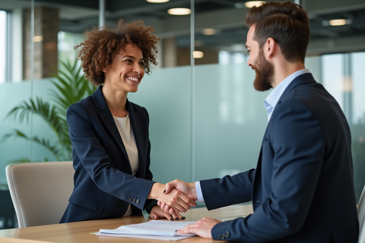 Deux jeunes professionnels se serrant la main dans un bureau moderne