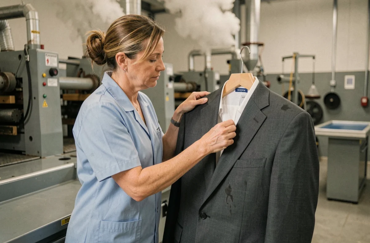 Employée de Promo Pressing à Béziers inspectant une veste de costume avant nettoyage