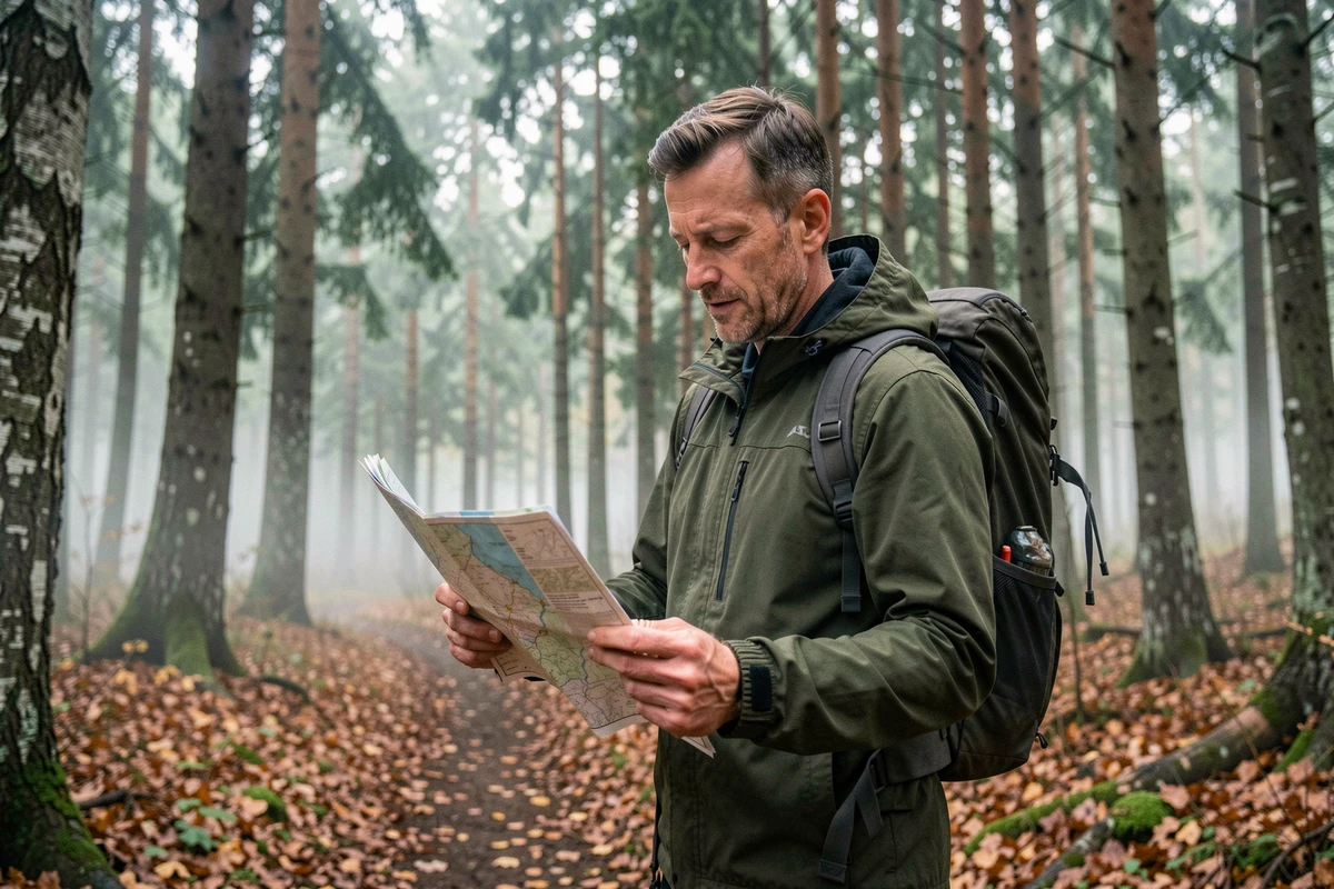 Randonneur consultant une carte de sentier pendant un week-end prolongé en forêt mosellane lors d'un jour férié