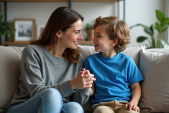 Mère et fils se réconcilient dans le salon chaleureux