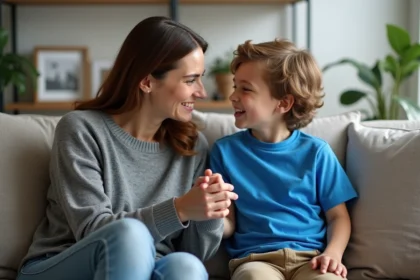 Mère et fils se réconcilient dans le salon chaleureux