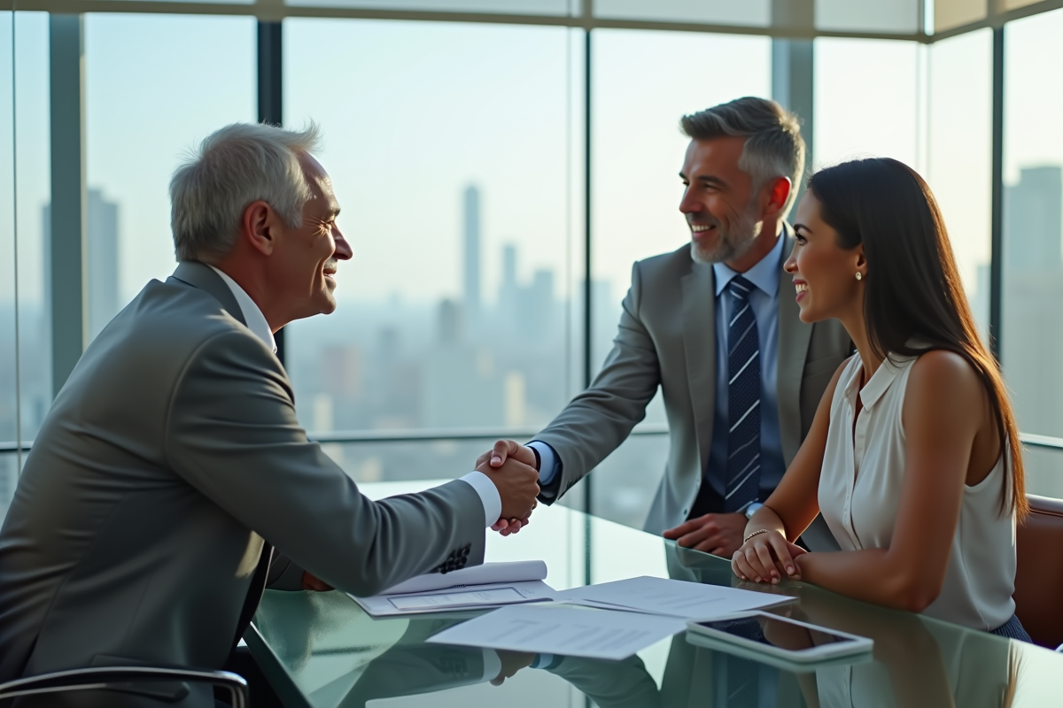 Conseiller assurance serre la main à un couple