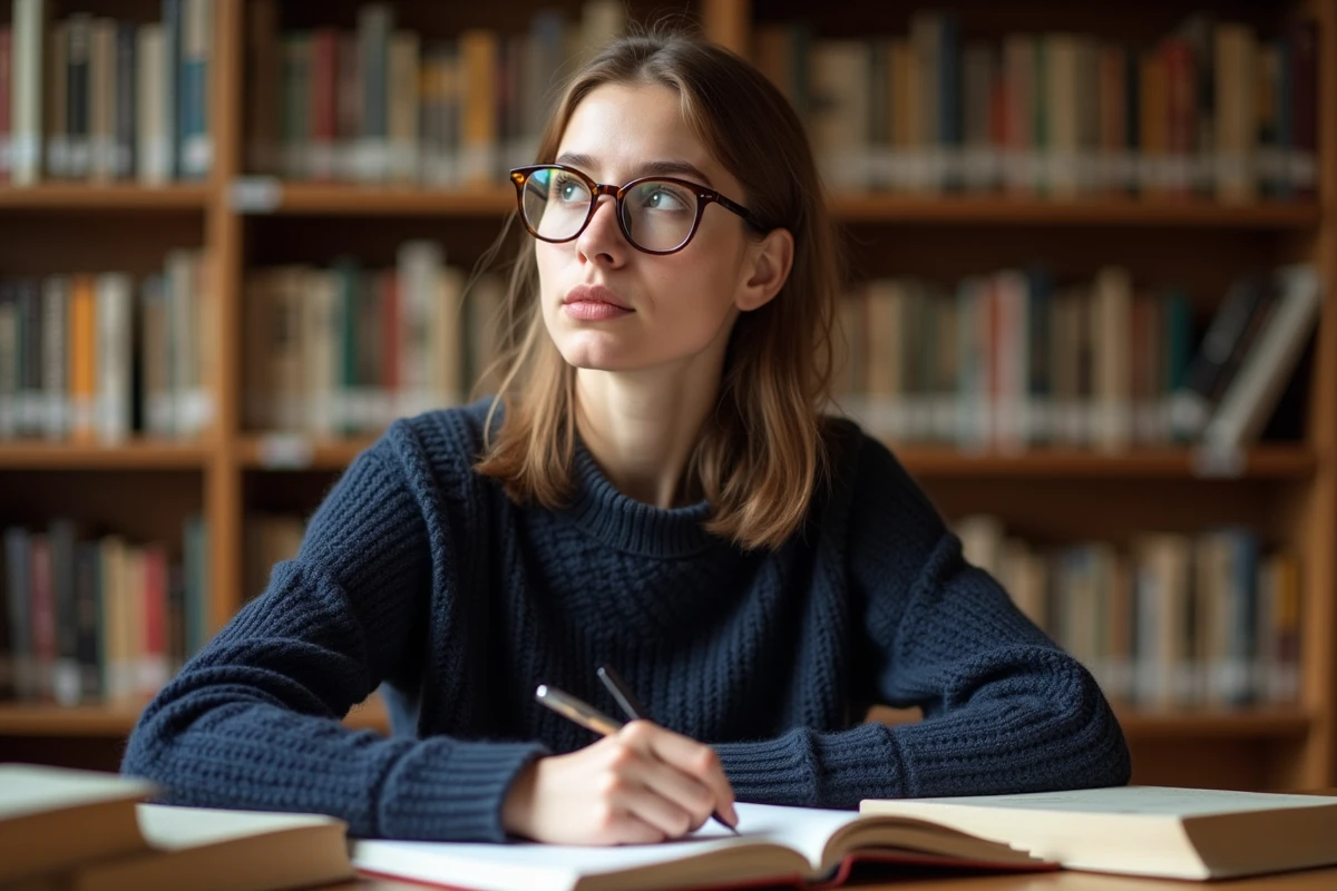 Étudiante en révision de philosophie pour le bac 2026 dans une bibliothèque universitaire avec des manuels ouverts sur le paradoxe de l'âne de Buridan