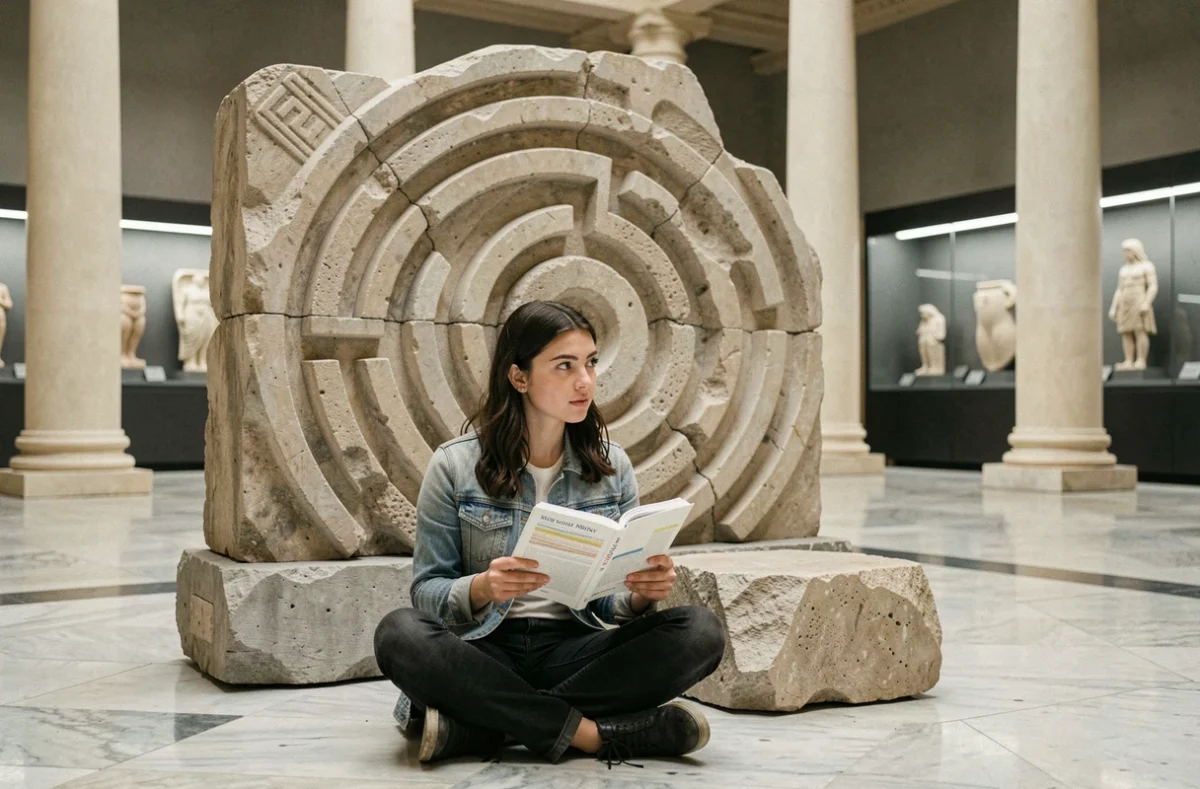 Jeune femme révisant la mythologie grecque devant un relief antique du labyrinthe dans un musée archéologique