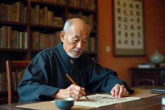 Vieux sage chinois écrivant des proverbes en calligraphie traditionnelle dans une bibliothèque ancienne