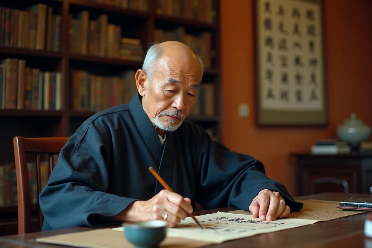Vieux sage chinois écrivant des proverbes en calligraphie traditionnelle dans une bibliothèque ancienne