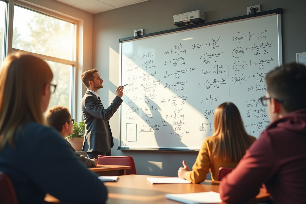 Salle de classe avec tableau blanc et étudiants attentifs