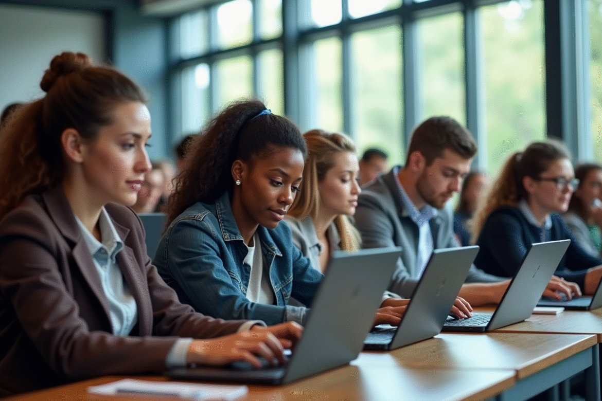 Salle de cours moderne avec étudiants en digital learning