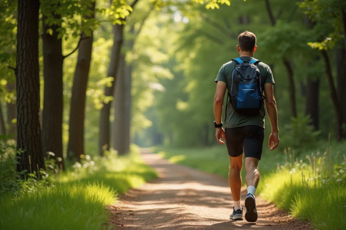 Personne marchant dans une foret ensoleillee avec un tracker