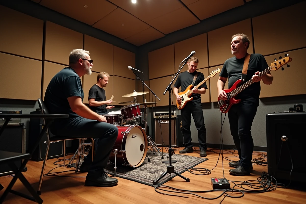 Vue large d'une session de répétition d'un groupe de rock grunge dans un studio vintage avec amplificateurs Marshall et batterie