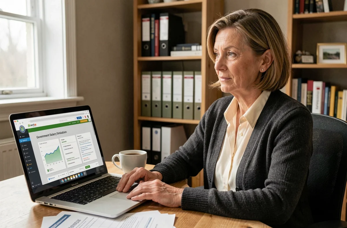 Fonctionnaire expérimentée simulant son salaire net en grille attachée hors classe depuis son bureau à domicile