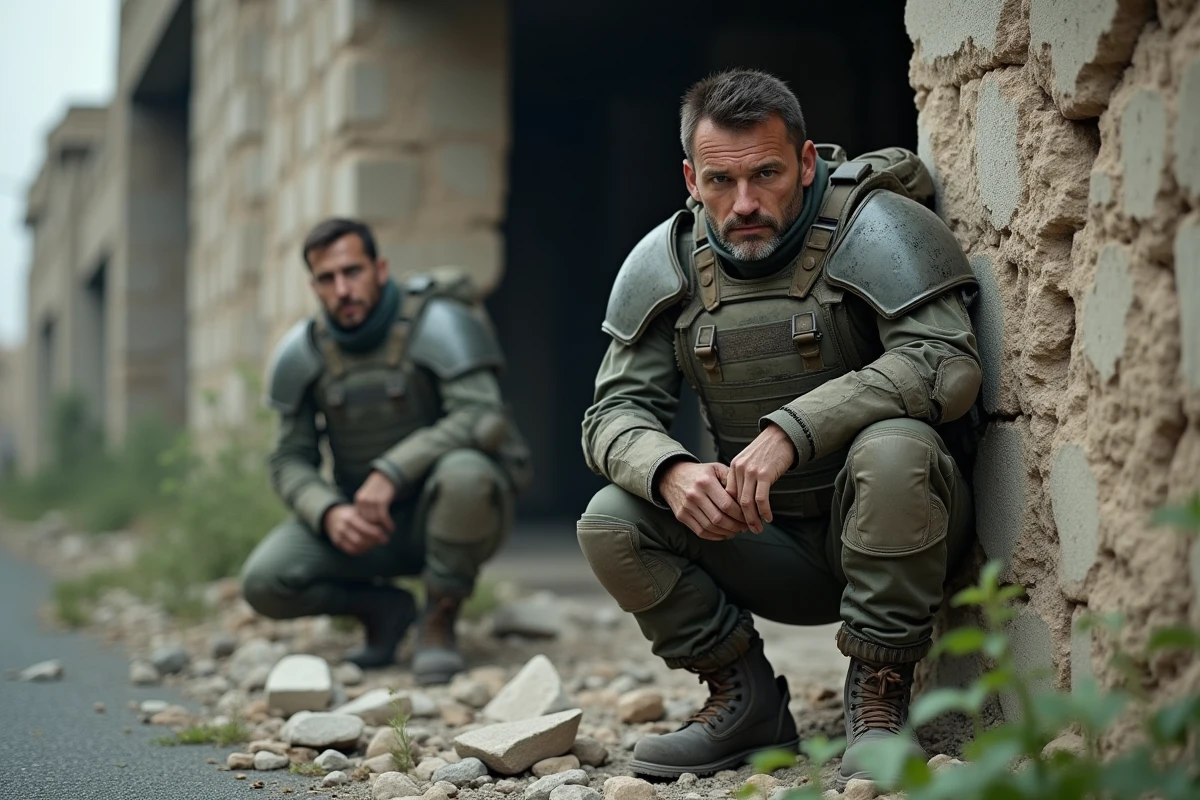 Deux soldats en armure tactique accroupis derrière un mur en ruine dans une zone urbaine dévastée, scène évoquant Marcus et Dom dans Gears of War E-Day
