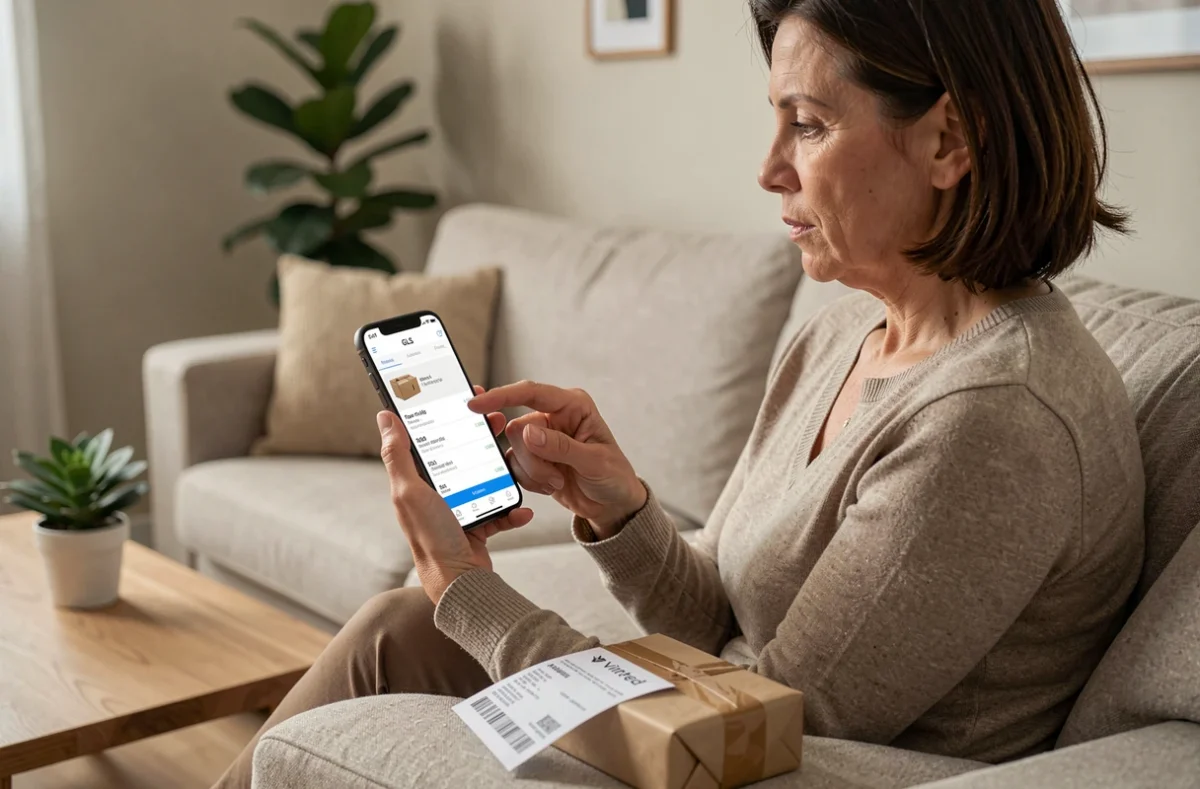 Femme consultant le suivi de colis GLS sur smartphone depuis son canapé, avec un colis Vinted prêt à être expédié