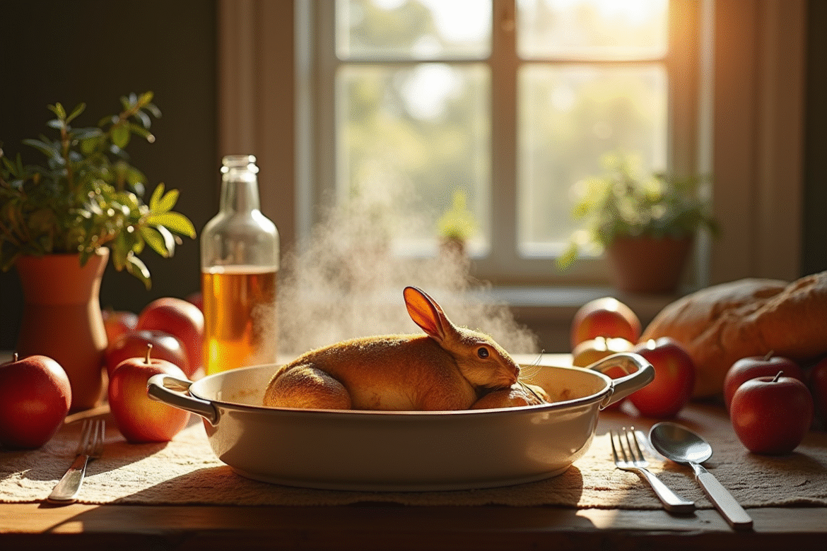 Table rustique en cuisine française pour déjeuner avec plat de lapin au cidre