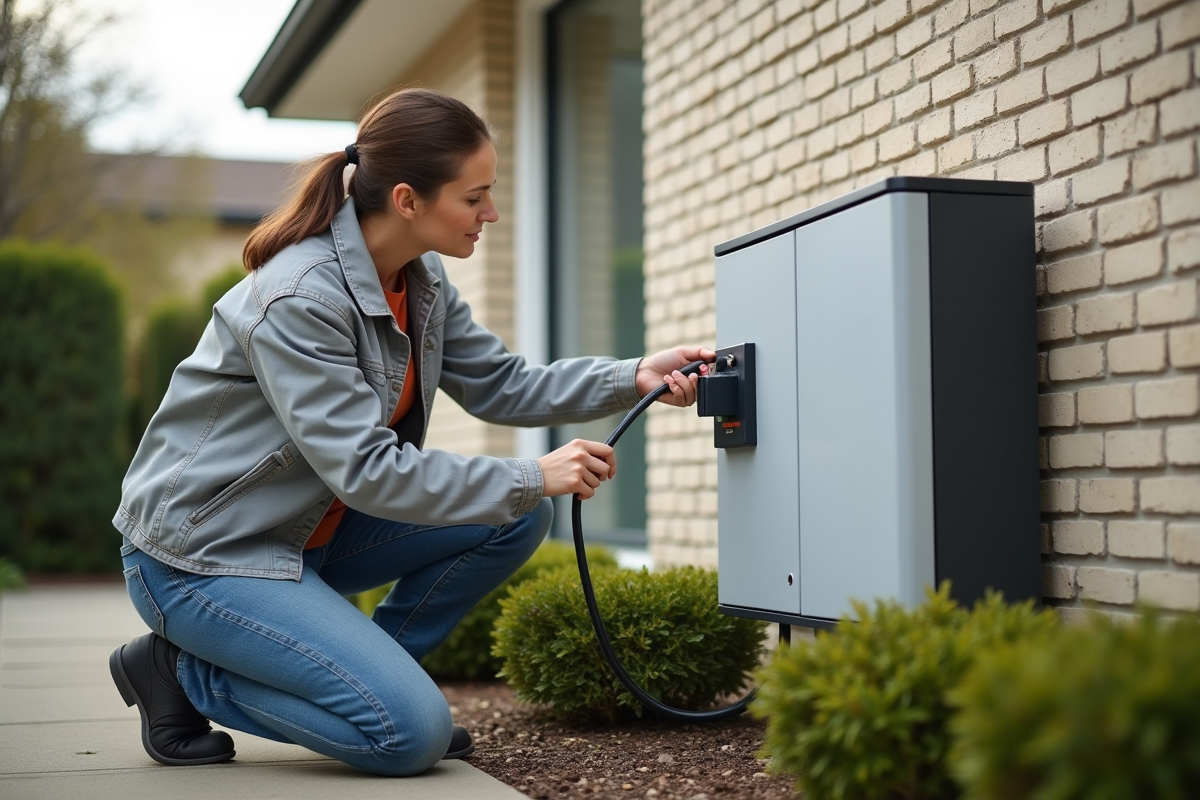Technicienne connectant une batterie solaire dans un jardin