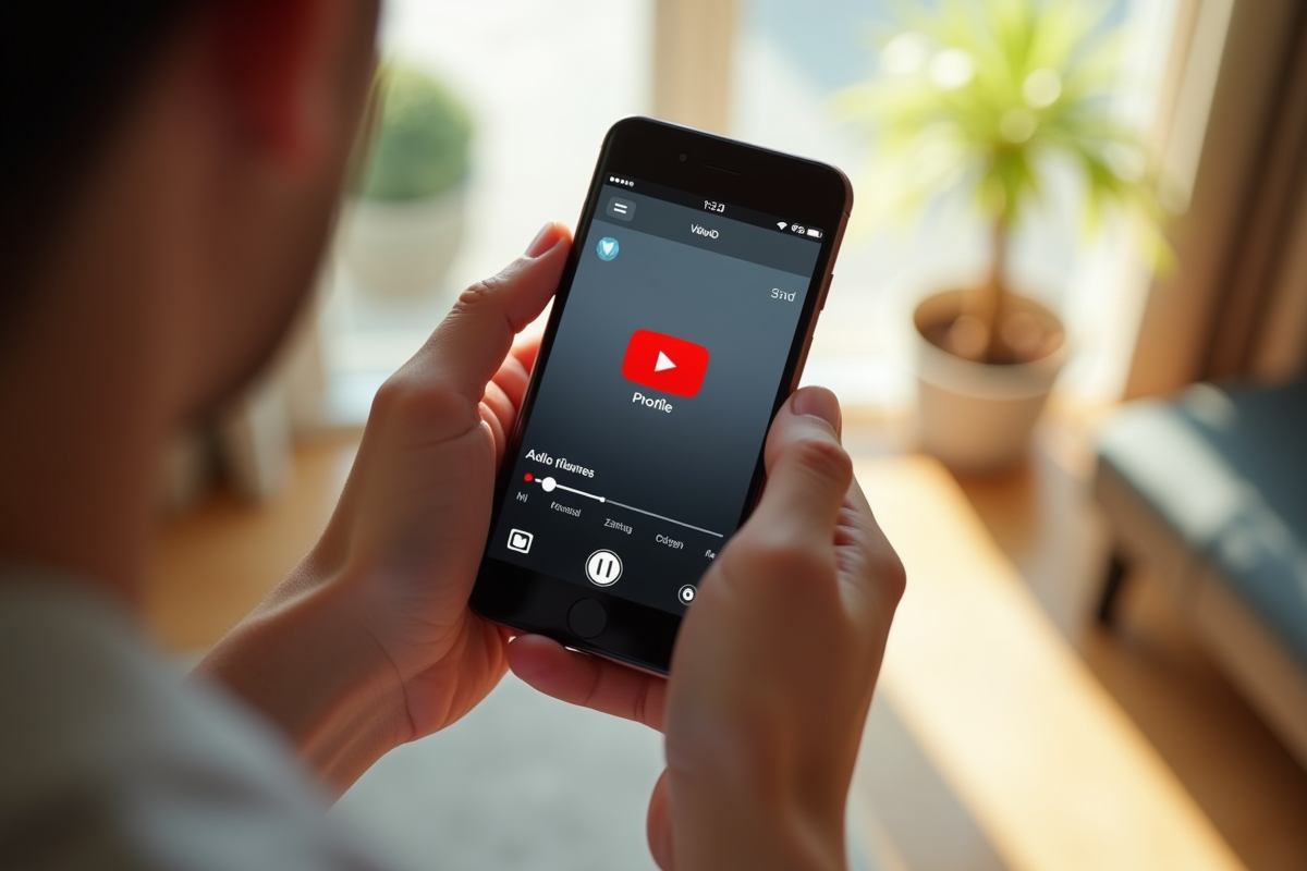 Smartphone dans les mains avec vidéo YouTube et icône de téléchargement audio