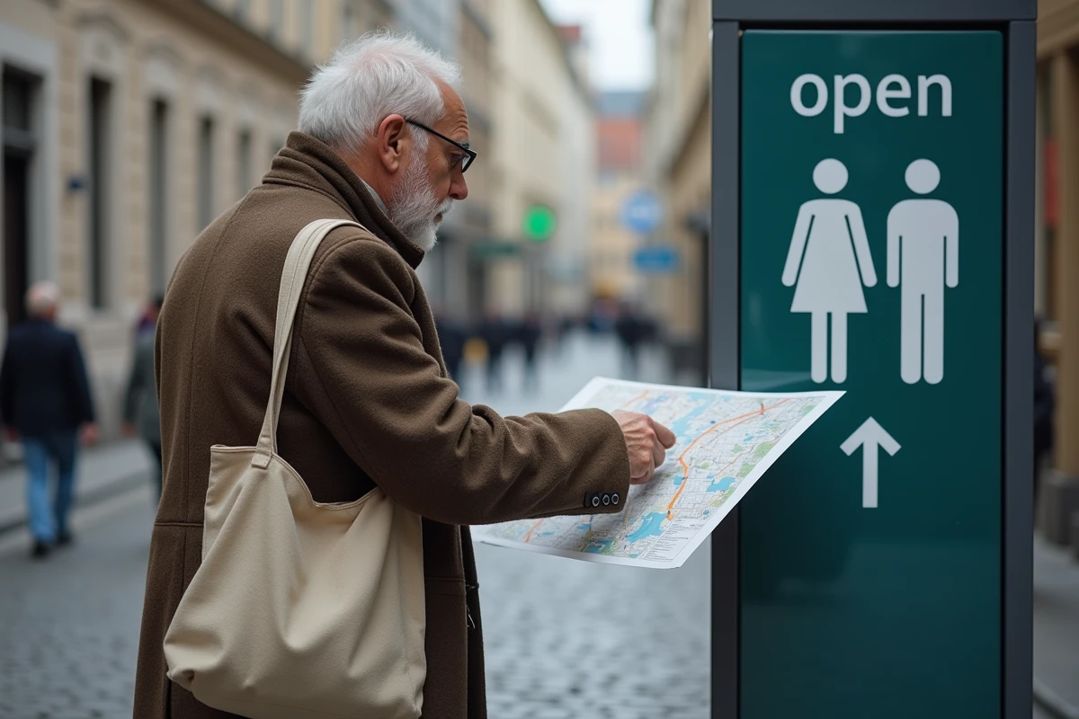 Homme senior consultant un plan de ville près d'un panneau indiquant des toilettes publiques ouvertes et accessibles sur un parcours piéton
