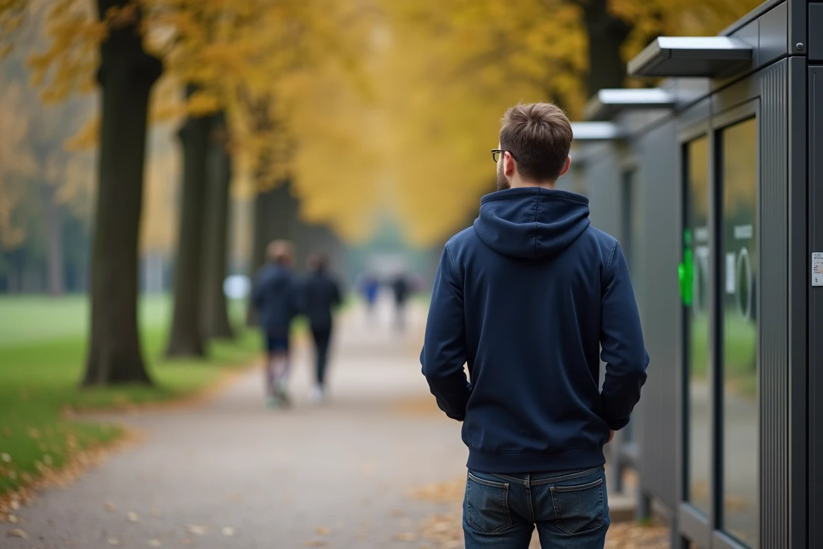 Homme en hoodie marine marquant une pause devant un kiosque de toilettes publiques disponible dans un parc urbain aux arbres dorés