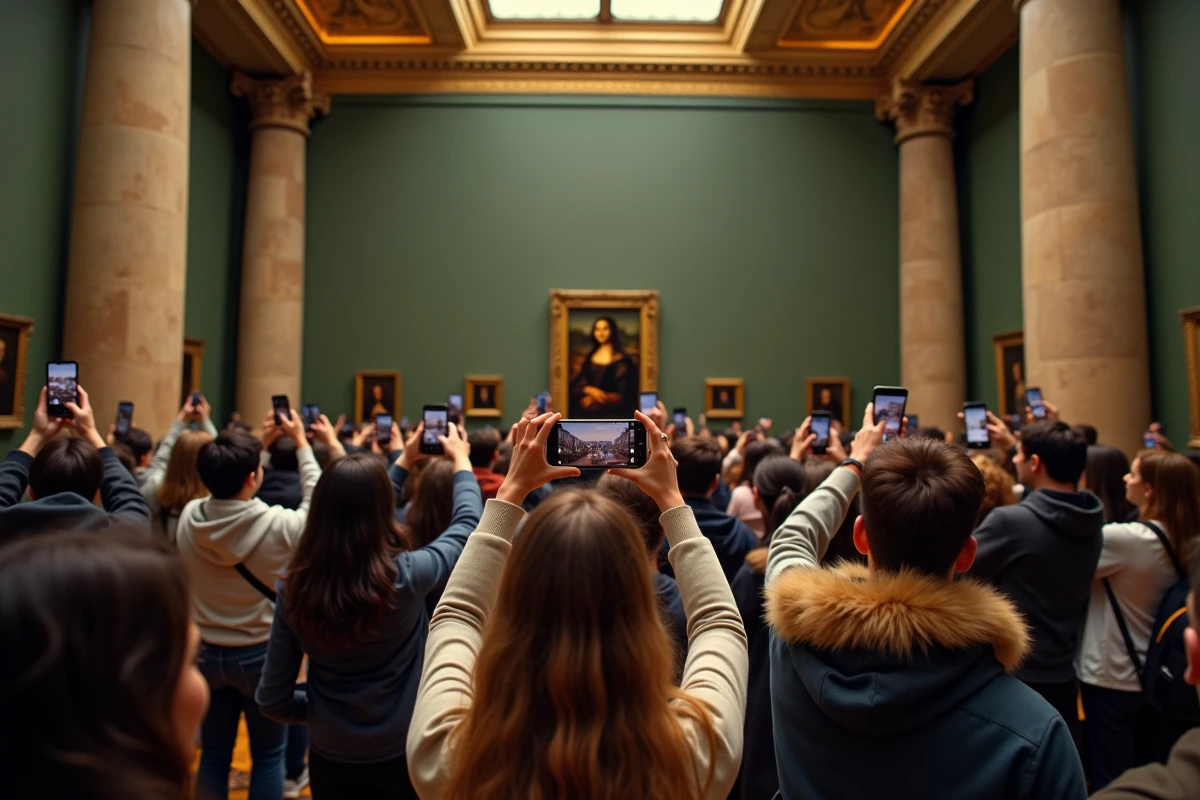 Foule de touristes photographiant la Joconde au musée avec leurs smartphones, ambiance salle classique dorée, reportage éditorial