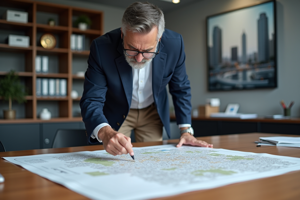 Urbaniste examine une carte de zonage dans un bureau moderne