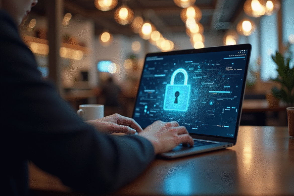 Personne utilisant un ordinateur portable avec un cadenas hologramme symbolisant la sécurité