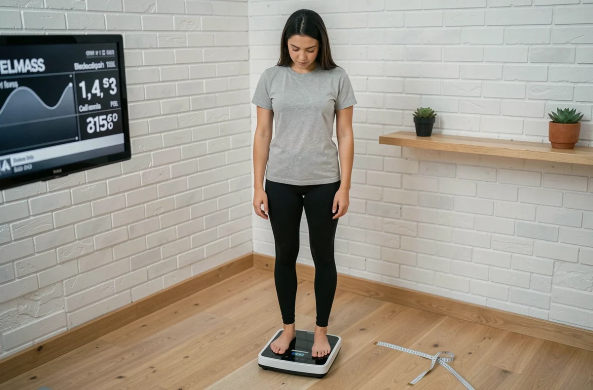 Jeune femme utilisant une balance d'analyse corporelle BELMASS à domicile dans un espace bien-être minimaliste
