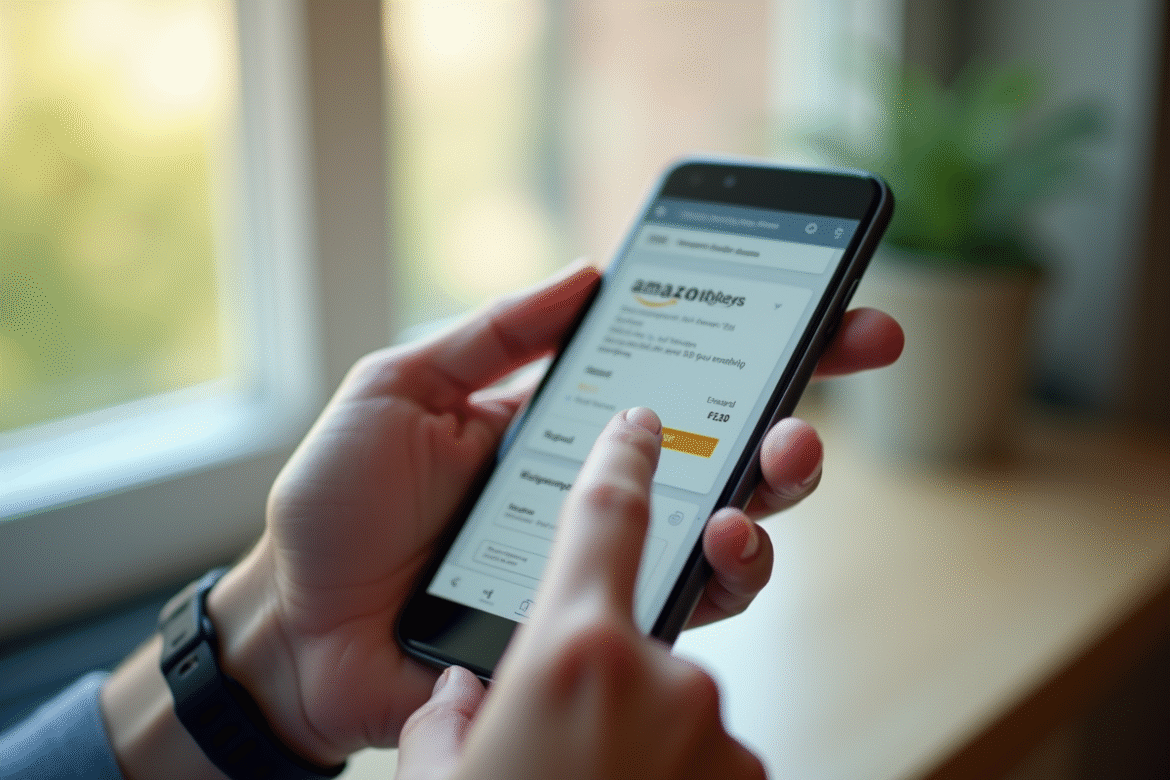 Personne tenant un smartphone avec détails de commande Amazon dissimules