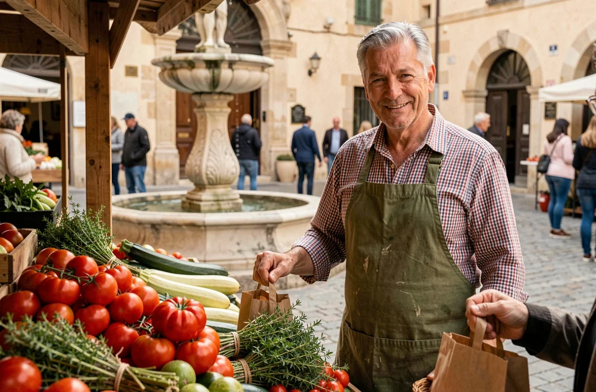 Vendeur de légumes provençaux sur une petite place de marché à Aix-en-Provence, étal coloré et fontaine en pierre